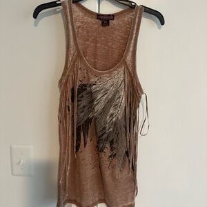 Rock & Roll Cowgirl Tan Feather Fringe Tank Top
